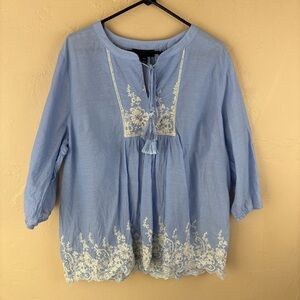 Lane Bryant Blue Embroidered Lace Tassel Boho Cotton Women's Top Blouse 22 24